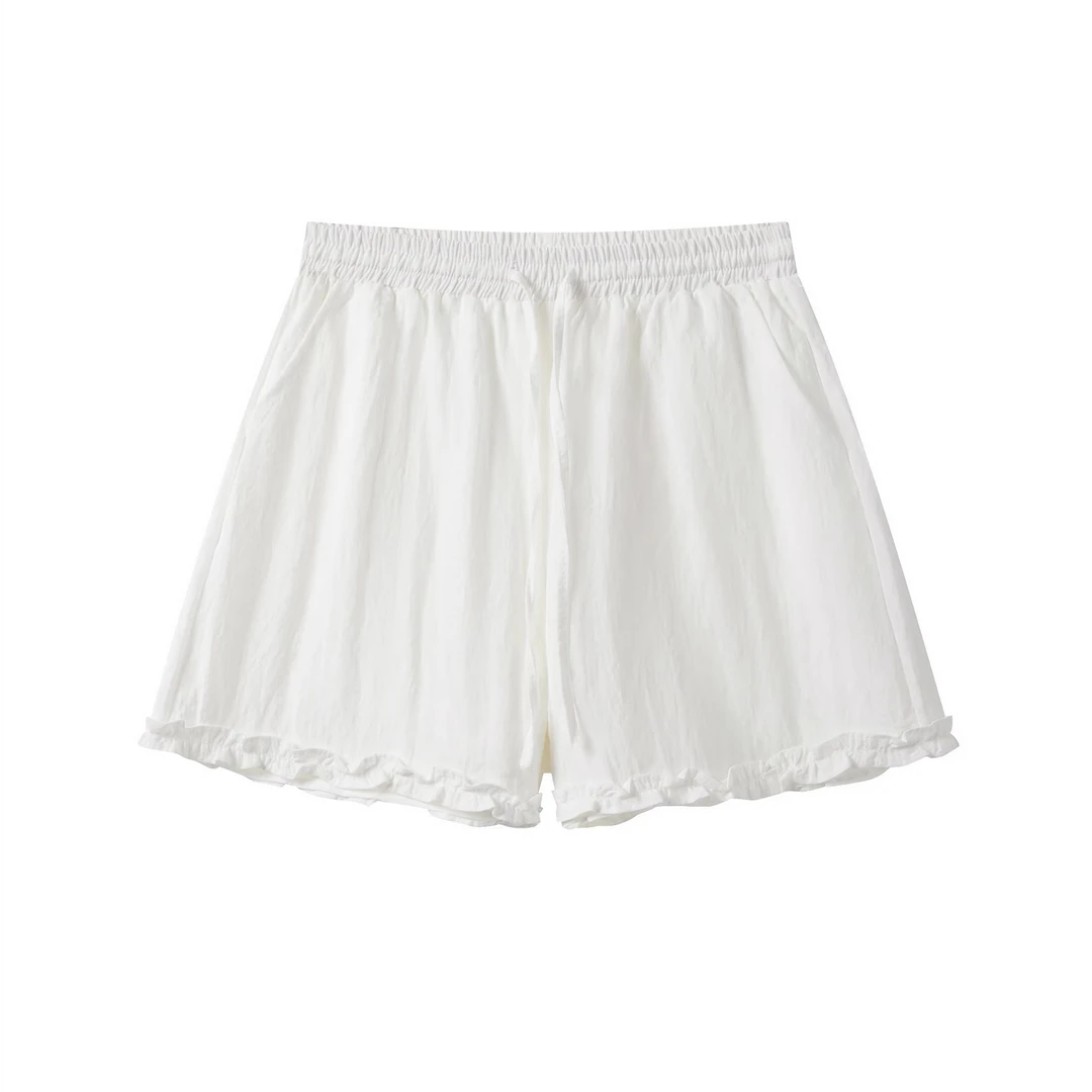 羊城故事-白色木耳边休闲短裤女通勤百搭高腰直筒裤80517