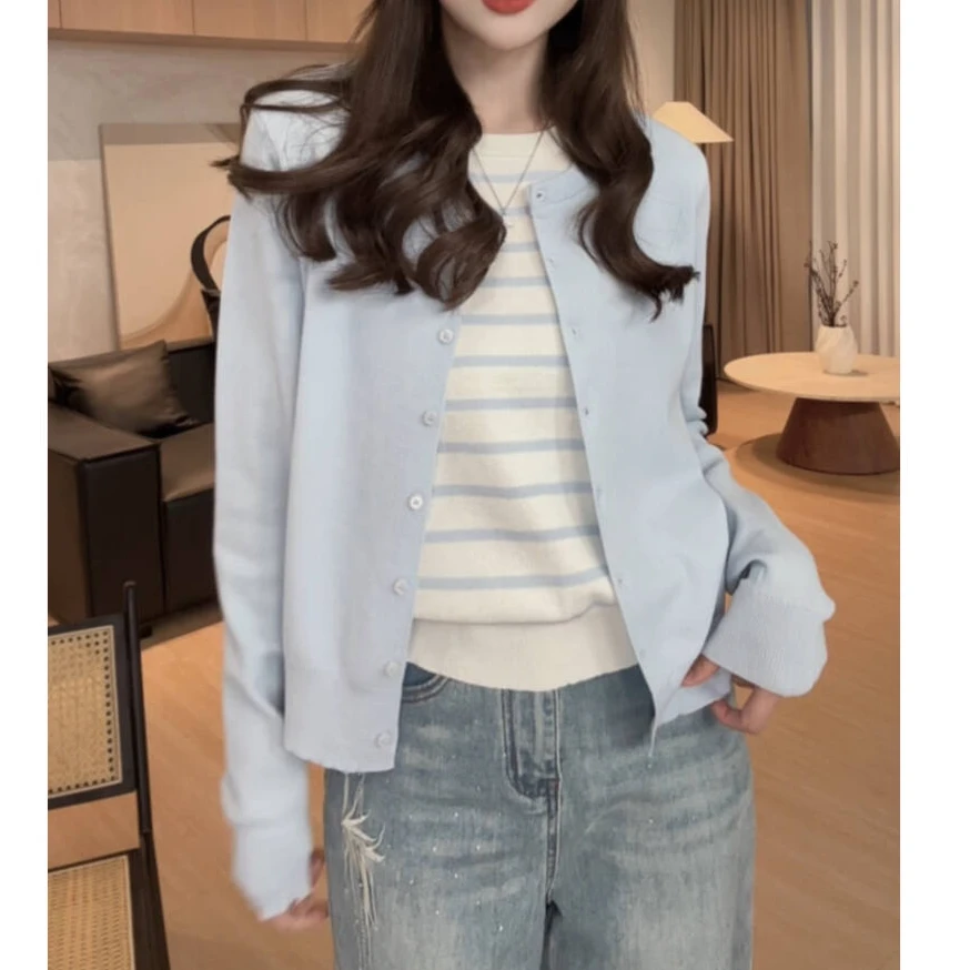 2025秋冬季新款百搭气质时尚休闲条纹撞色假两件针织女上衣H5-76
