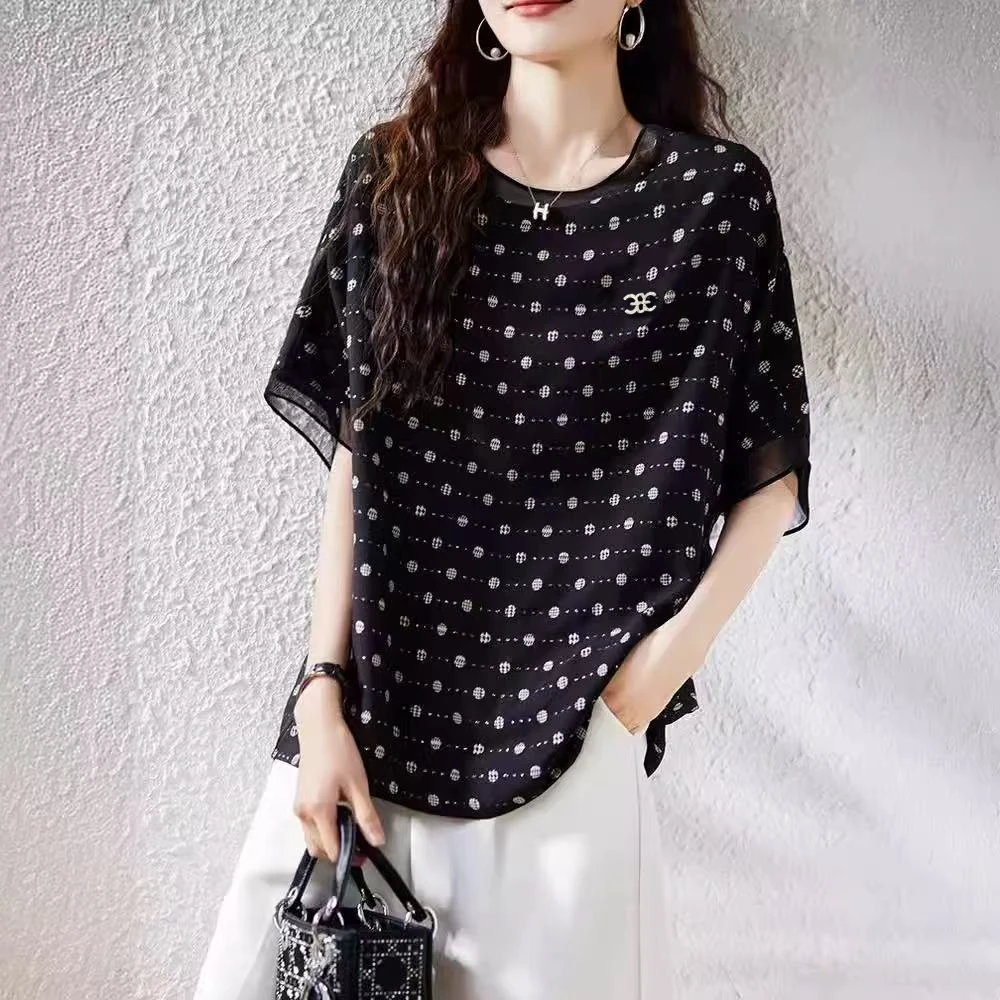 夏季新款圆领黑底撞色【波点/条纹】女式小衫25DAK0897