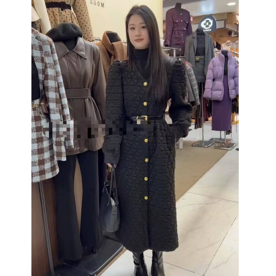 阿莹儿推荐 新款韩版长袖V领棉服外套中长款+腰带