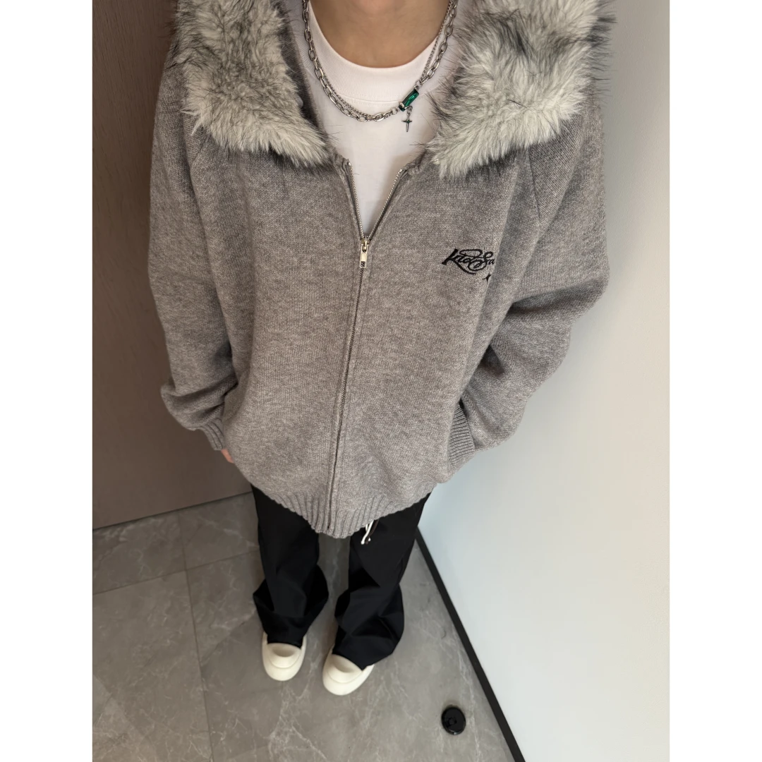 Areast美式可拆卸大毛领连帽针织衫松弛感开衫毛衣外套情侣516