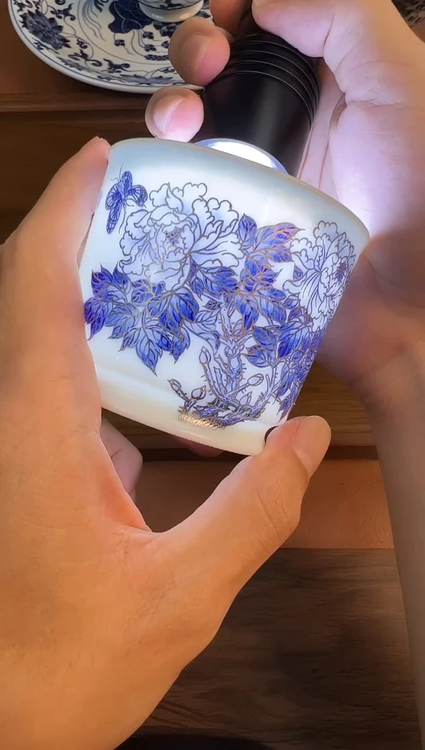 问青坊纯手工手绘青花牡丹柴窑直口杯