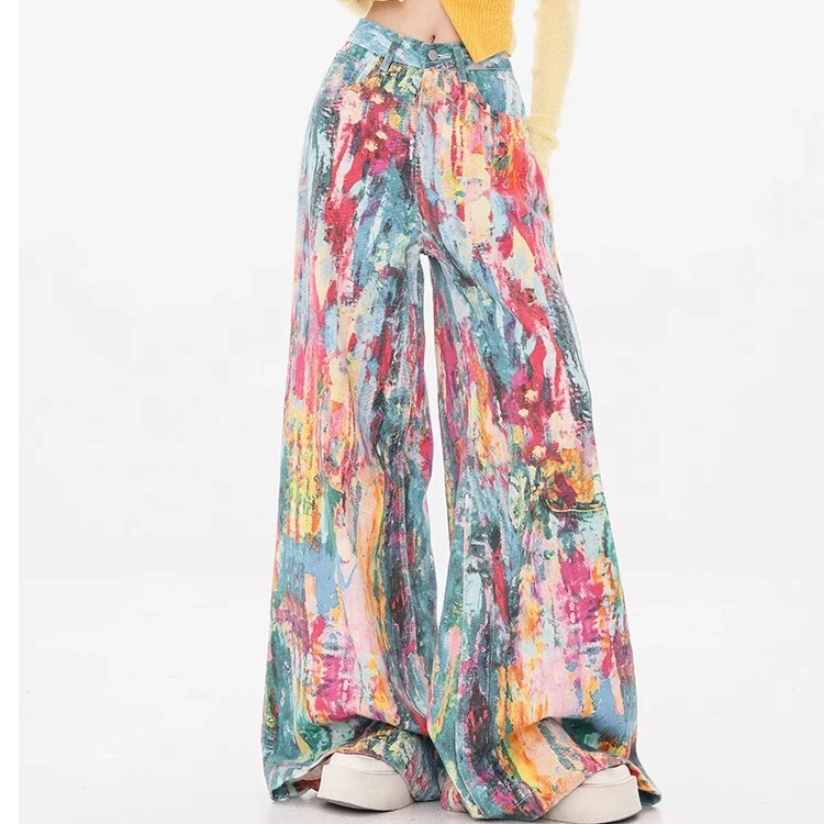 潮流新款女装牛仔裤高腰阔腿破洞烫钻碎花显瘦时尚百搭宽松垂感