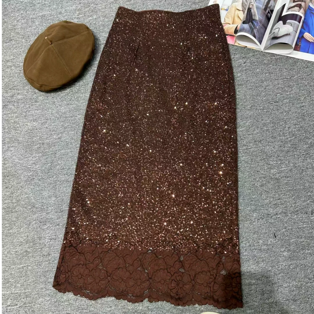 百搭气质半裙亮片女半身裙拉链蕾丝休闲风开叉高腰----11268