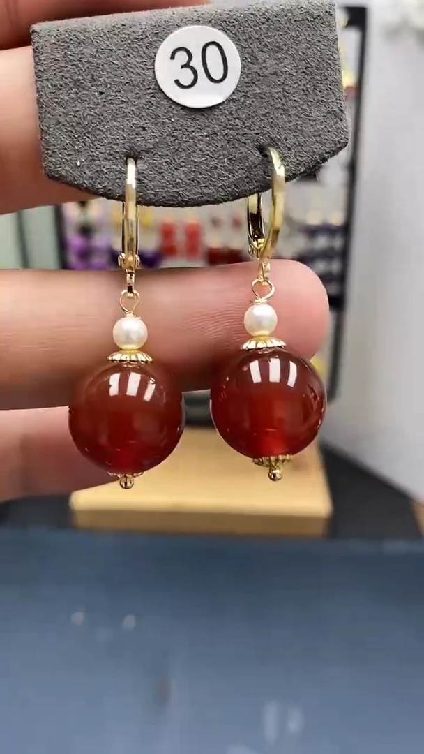 南红玛瑙银S925镀金镶嵌耳饰尺寸14mm耳扣05