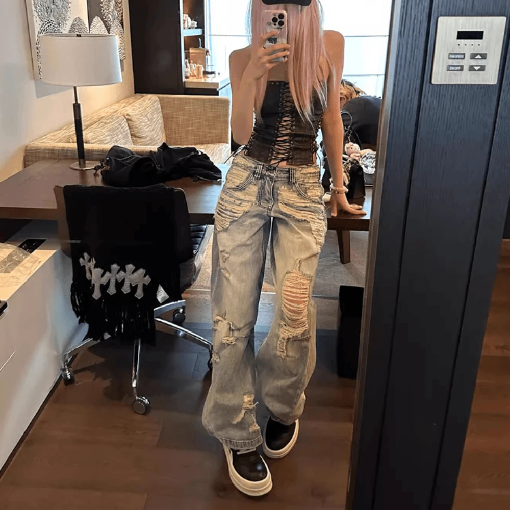美式设计感炸街低腰直筒破洞牛仔裤女春夏高级小众休闲显瘦阔腿裤