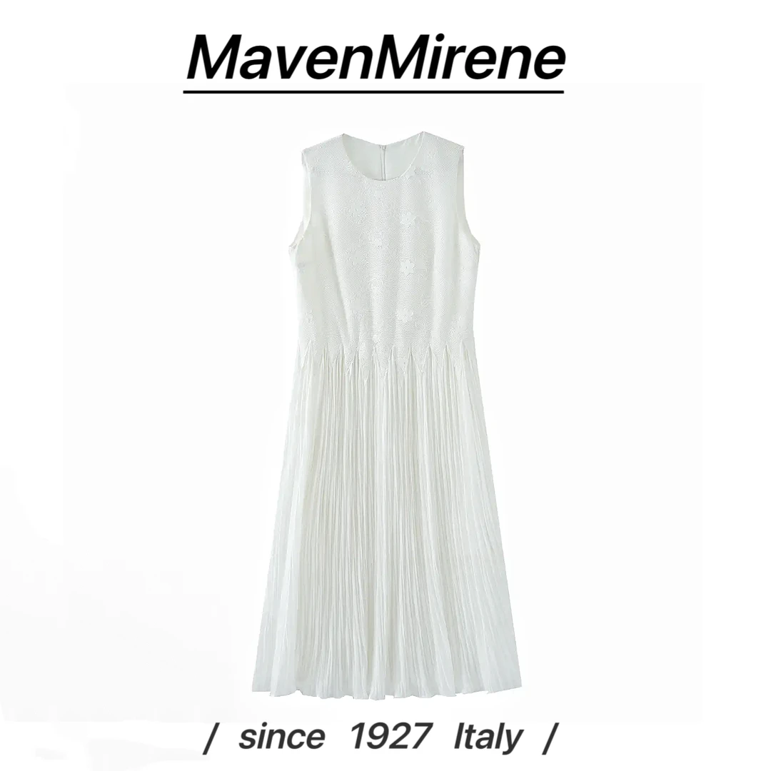 MavenMirene白色无袖刺绣百褶压皱气质显瘦高级感连衣裙FE2L52163