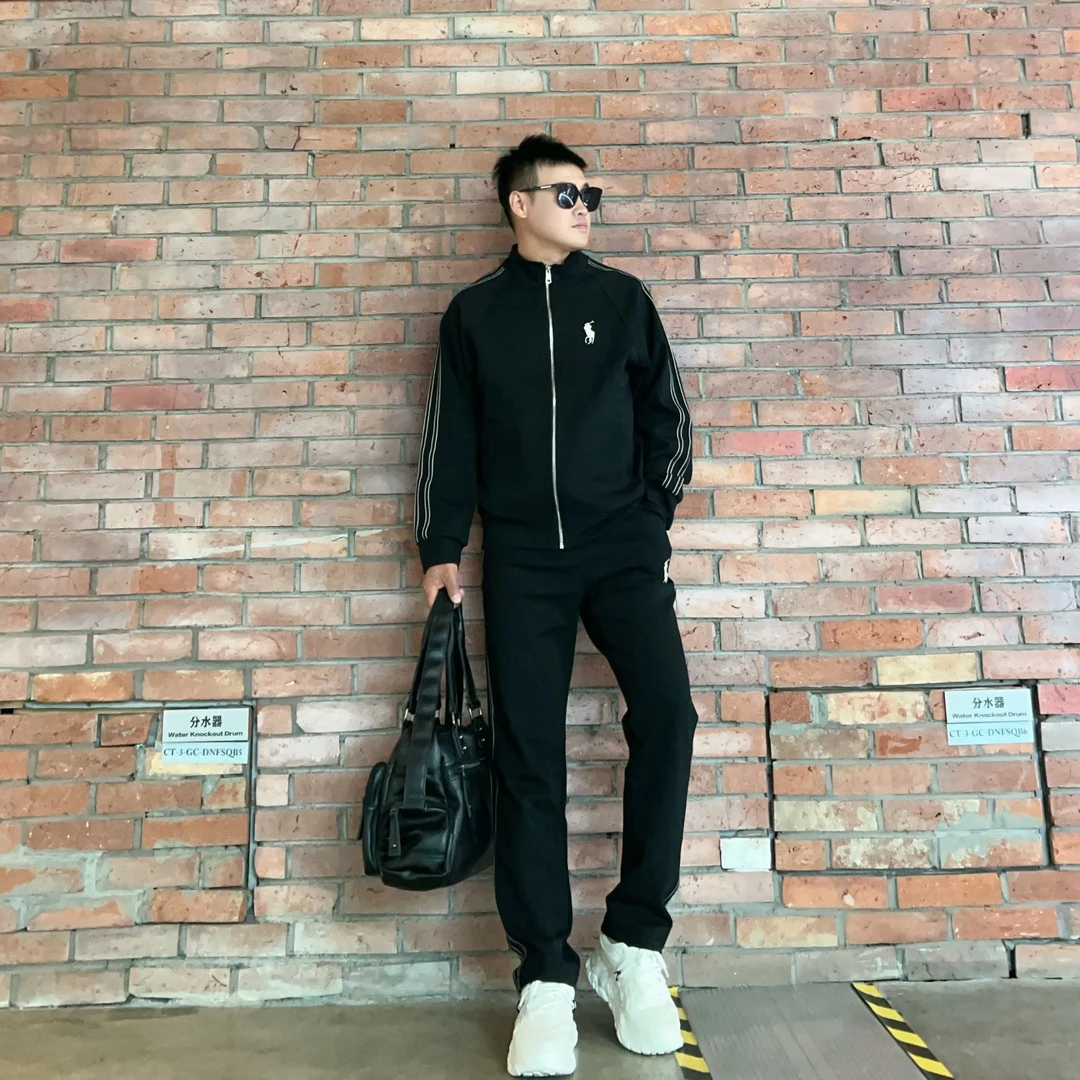 2025秋季新款休闲套装男士高级感显瘦拼接立领外套直筒长裤两件套