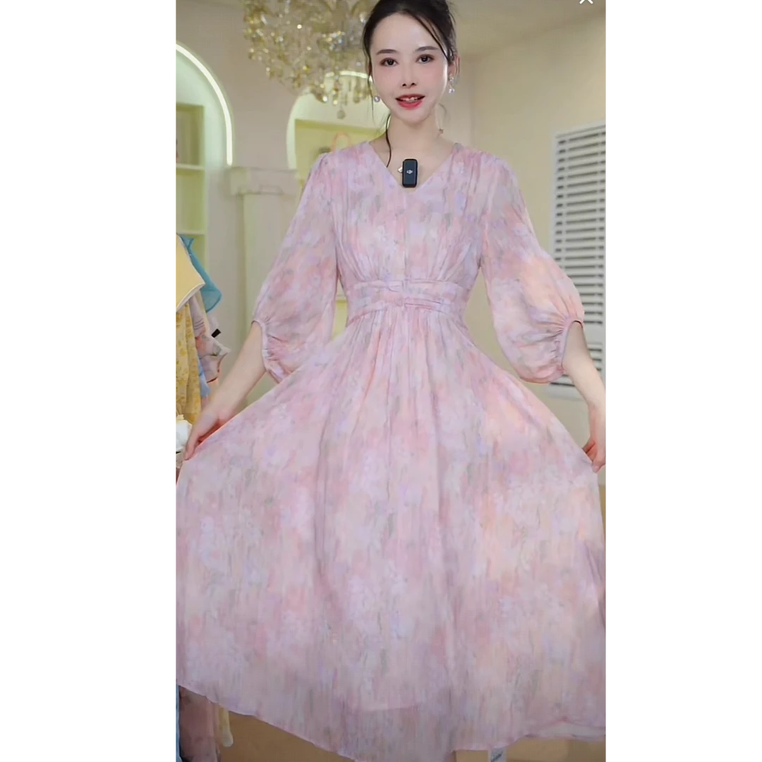 2025夏碎花灯笼袖温柔风显瘦收腰清新连衣裙女J5247