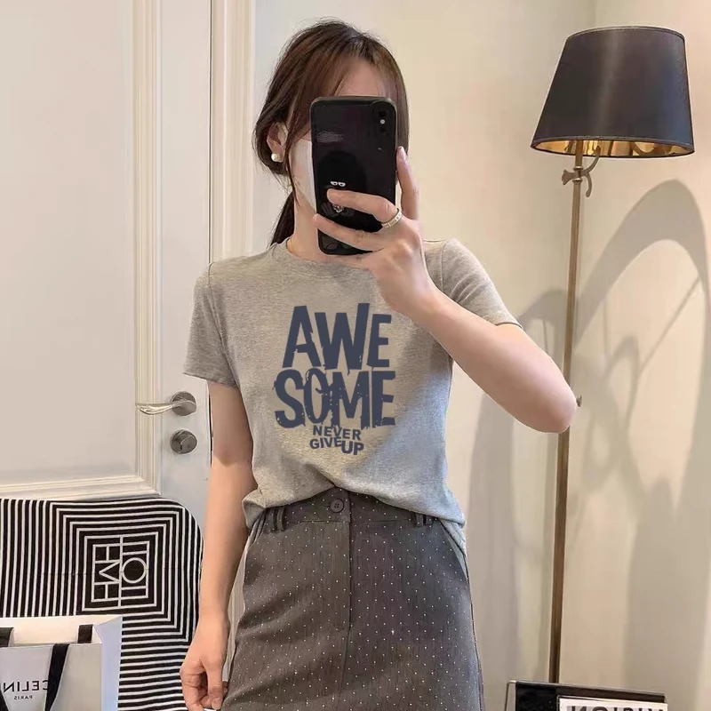 正肩圆领短袖T恤女薄款夏季韩版潮休闲洋气半袖女士体恤上衣纯棉