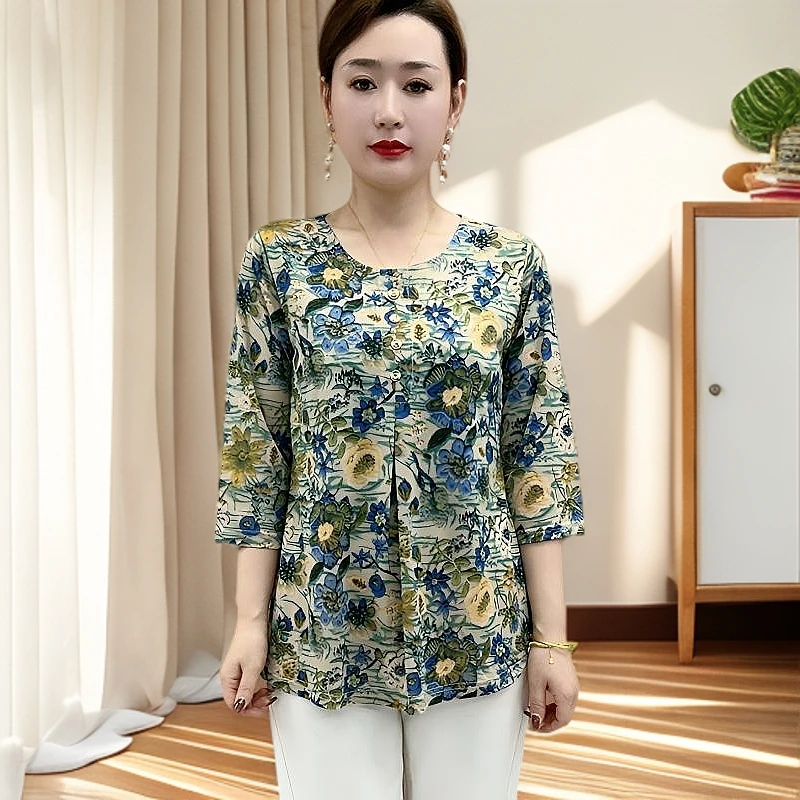 妈妈碎花小衫2025新款宽松洋气中袖上衣女I中年春夏轻薄t恤女百搭