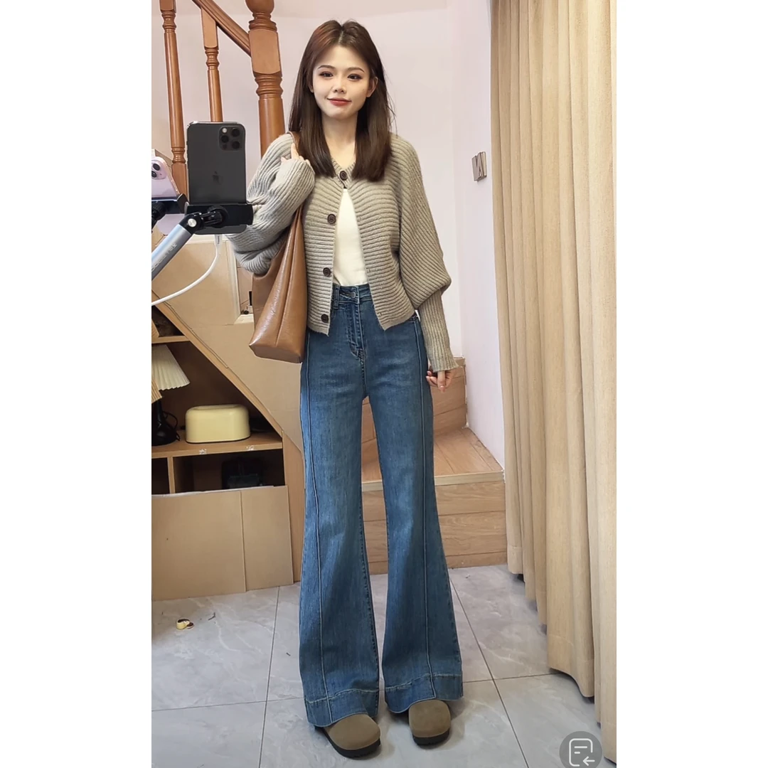 春季高腰阔腿微喇牛仔裤女2025新款宽松显瘦弹力裤子百搭小个子