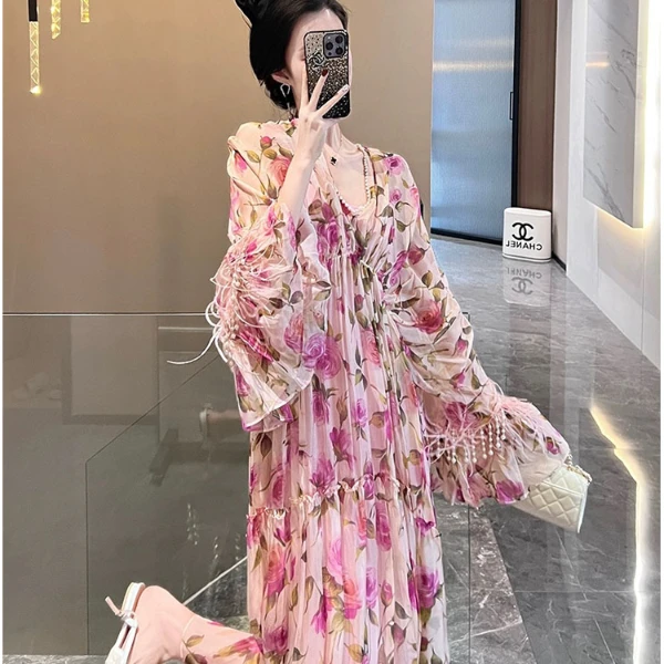 法式高级珍珠印花显瘦气质海边度假羽毛流苏连衣裙