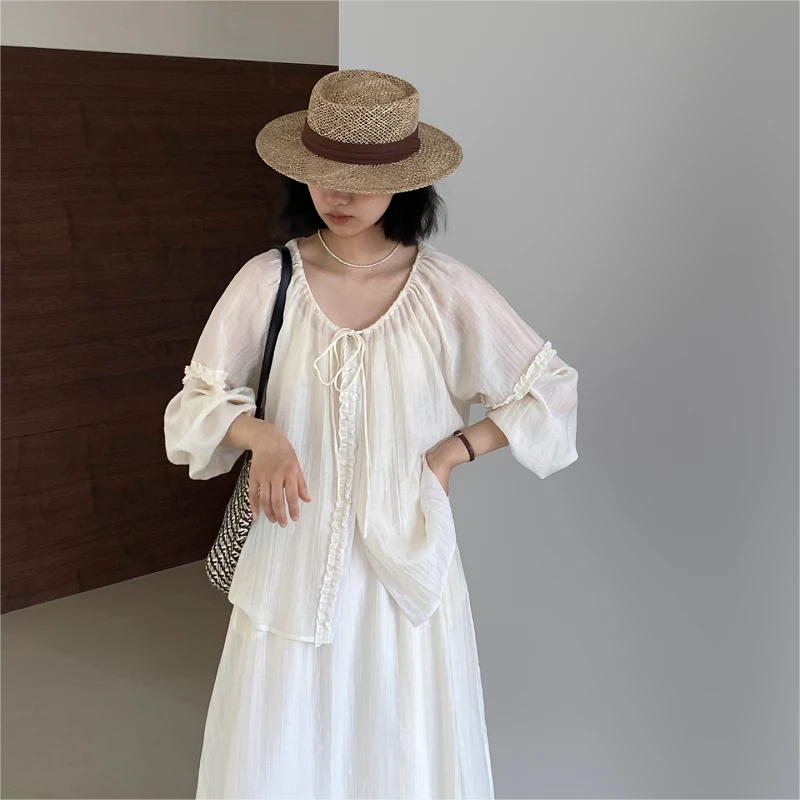 6250#初夏净色甜美木耳边气质上衣女高腰宽松休闲半身裙套装