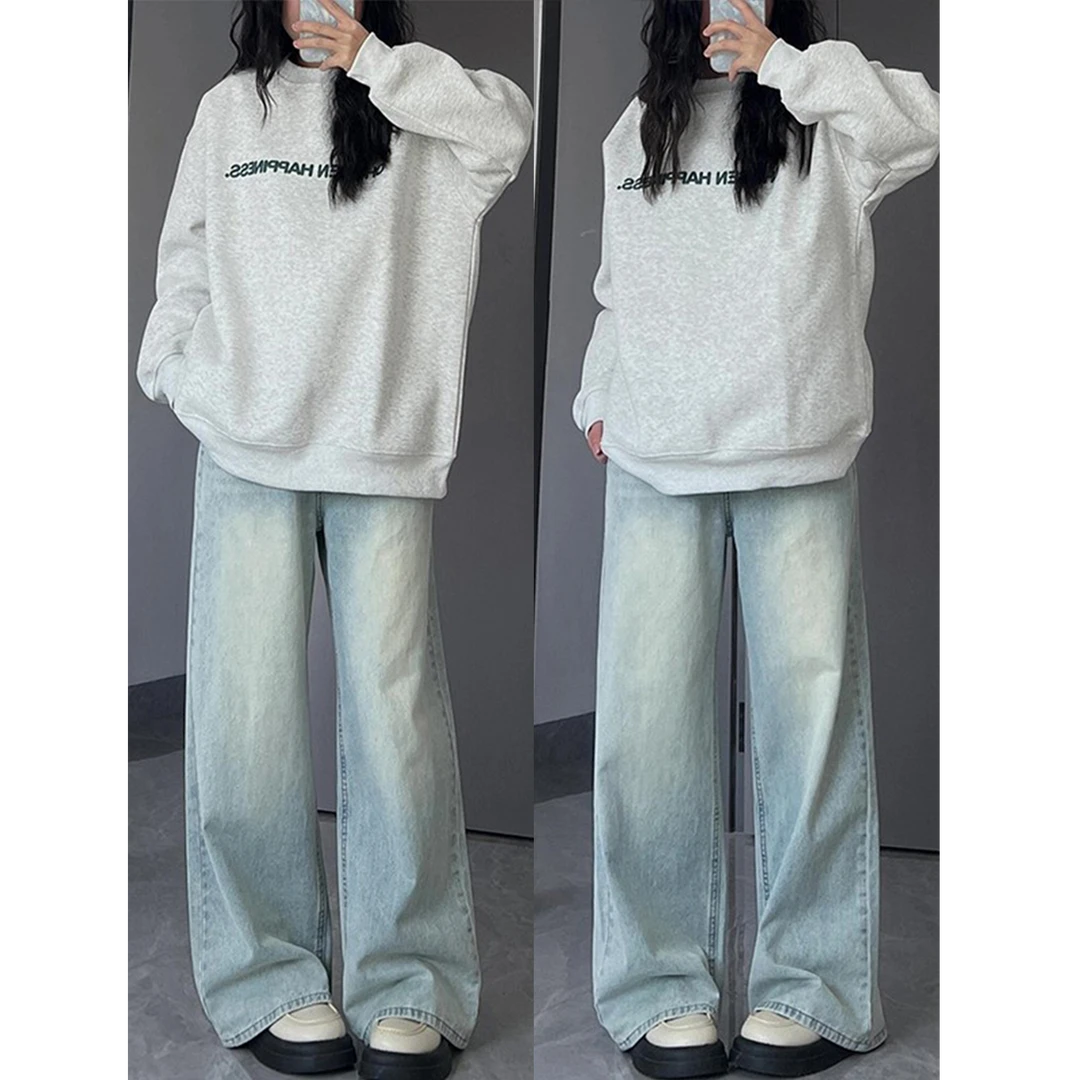 特大码女装胖mm蓝色直筒牛仔裤女宽松bf慵懒风学生显瘦阔腿长裤子