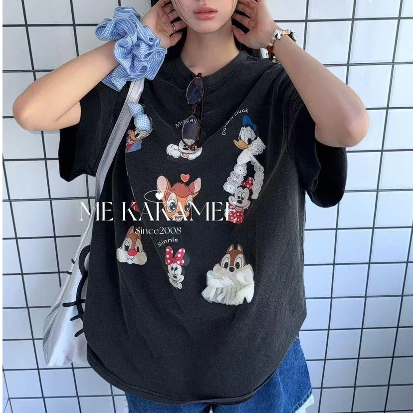 深圳南油高货原创ZZ趣味米奇米妮动画头常规宽松大版洋气宽松T恤