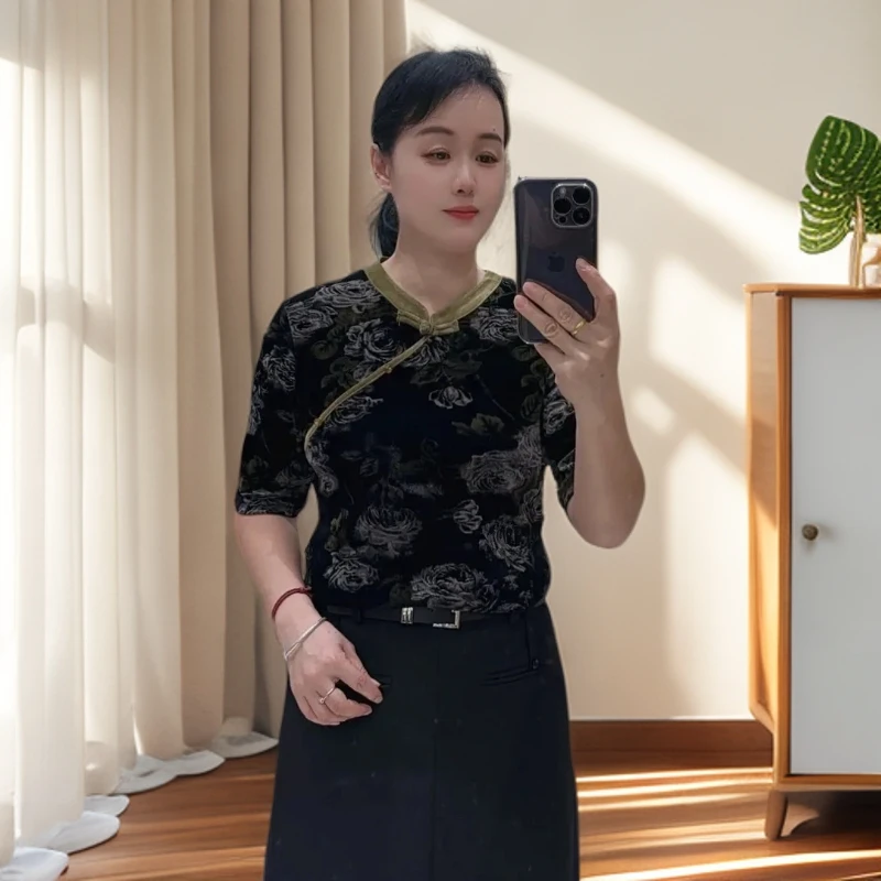 8852韩版丝绒印花国风修身型中袖印花常规植绒T恤