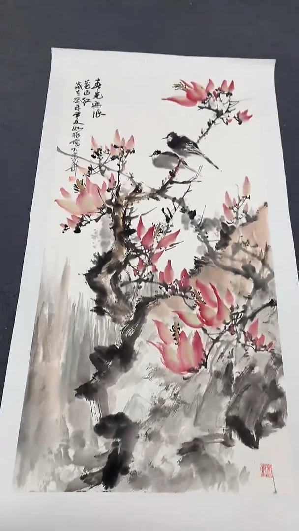 竖款精品四尺花鸟，春光