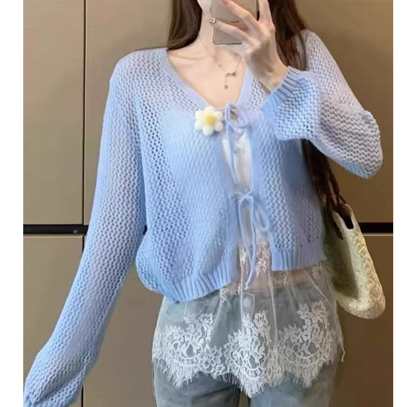 韩系甜美立体花朵系带镂空薄款开衫女春夏季新款洋气减龄针织上衣