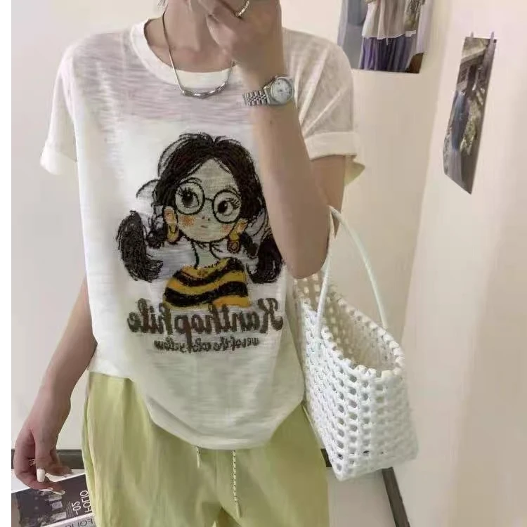 欧洲站2025夏季新款卡通印花短袖T恤冰丝针织衫宽松百搭洋气上衣