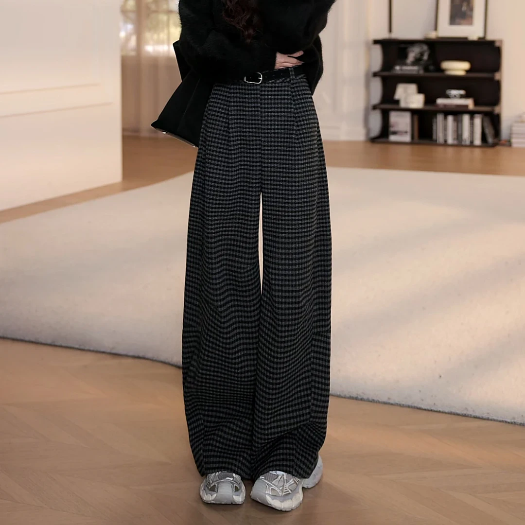 【YANYAN】(送腰带）格子毛呢休闲裤女秋季新款高腰加绒阔腿5488