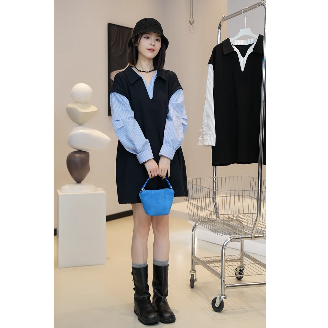 【芜阅】早秋学院风宽松显瘦减龄假两件拼接长袖卫衣裙E5