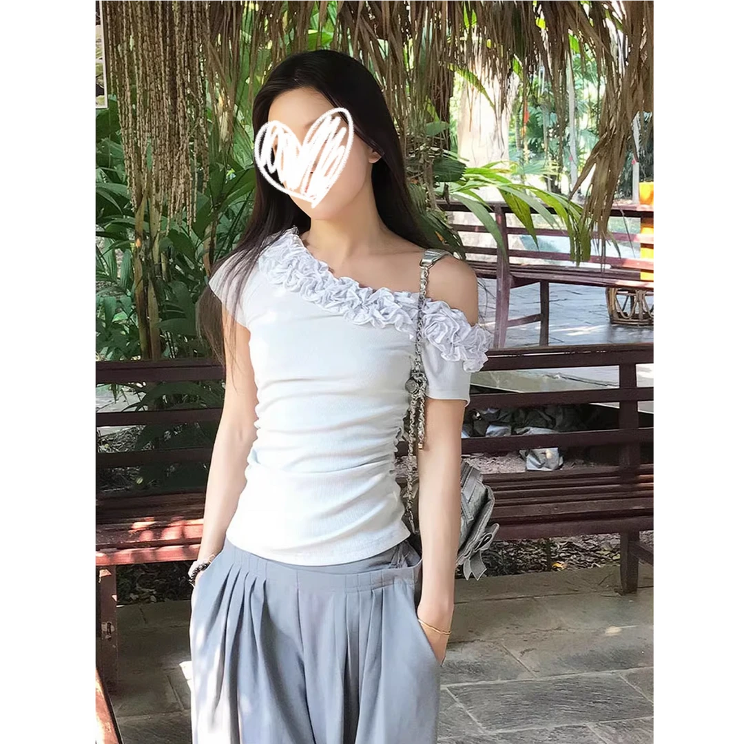 美式复古斜肩t恤女夏季多层花边修身显瘦短袖小众设计感辣妹上衣