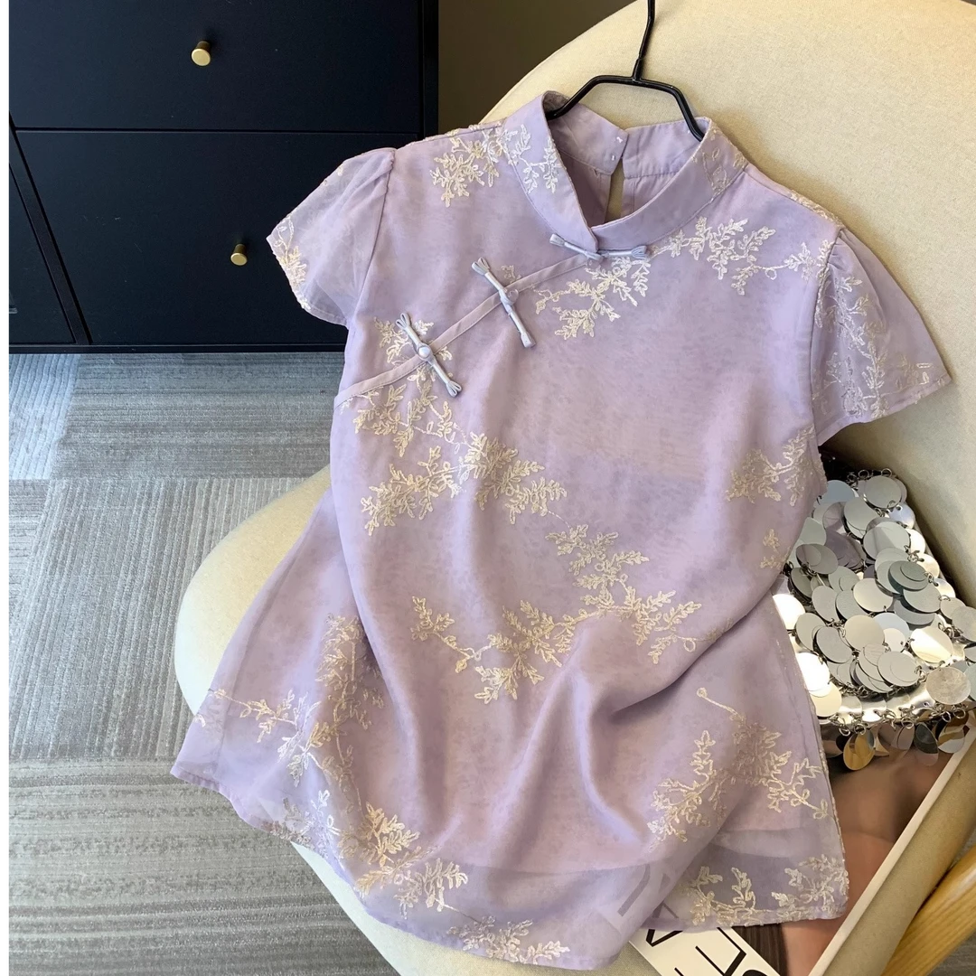 新中式国风刺绣泡泡袖衬衫女夏款显白绿色衬衣日常可穿旗袍领上衣