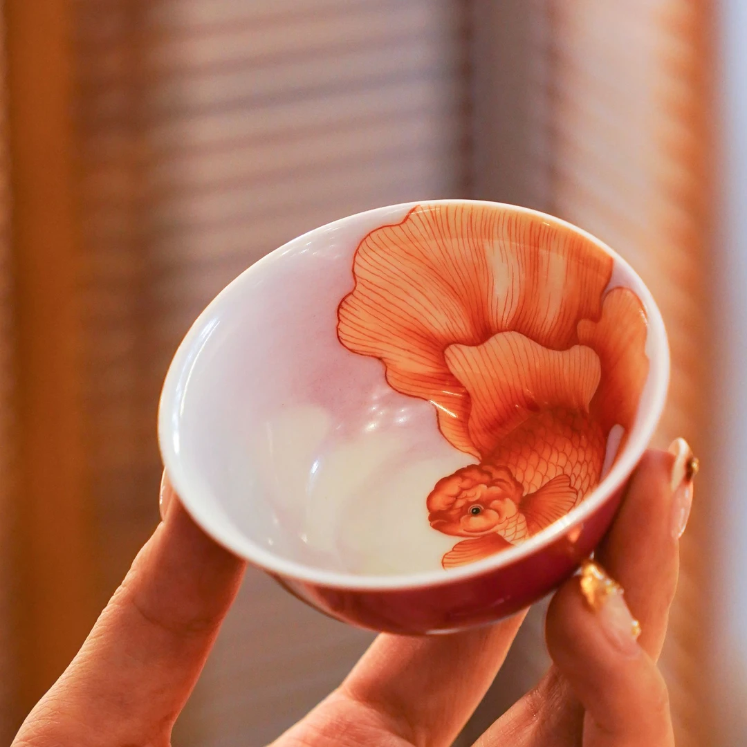 溢珍堂胭脂红内画金鱼压手杯茶具茶道家用手工高档陶瓷中式宫廷风
