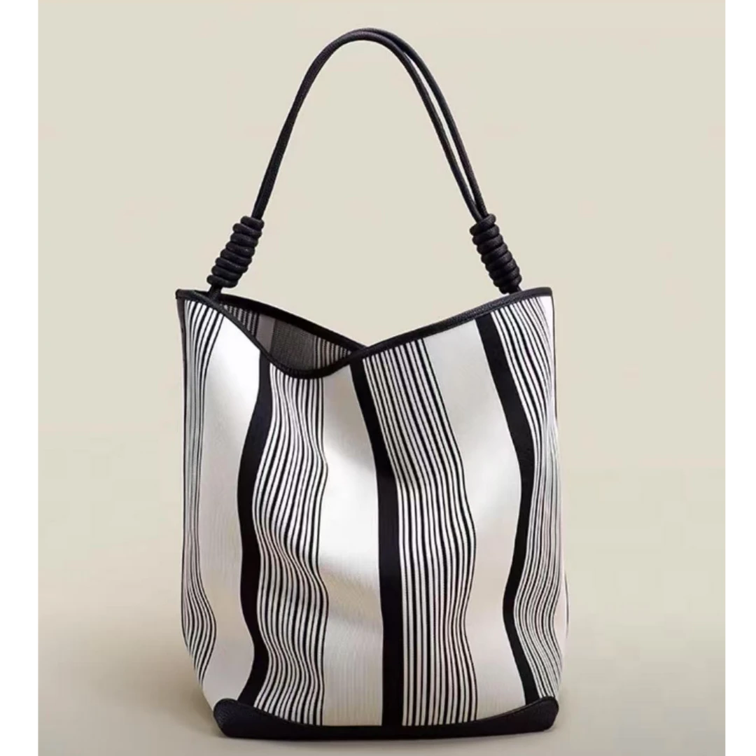 祝喜喜【韩版条纹包】托特包百搭时尚休闲帆布包轻奢头层牛皮单肩包