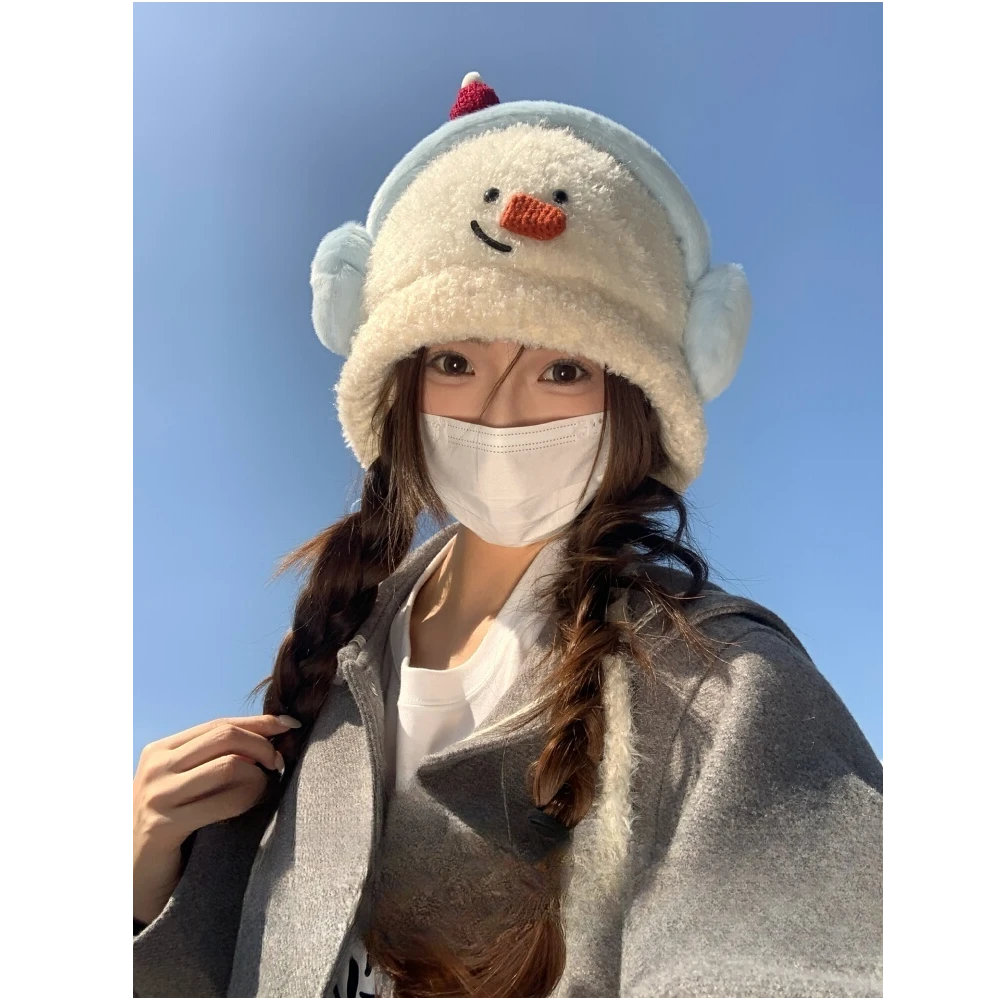 可爱卡通毛绒雪人针织雷锋帽子女大头围保暖毛线帽秋冬护耳套头帽