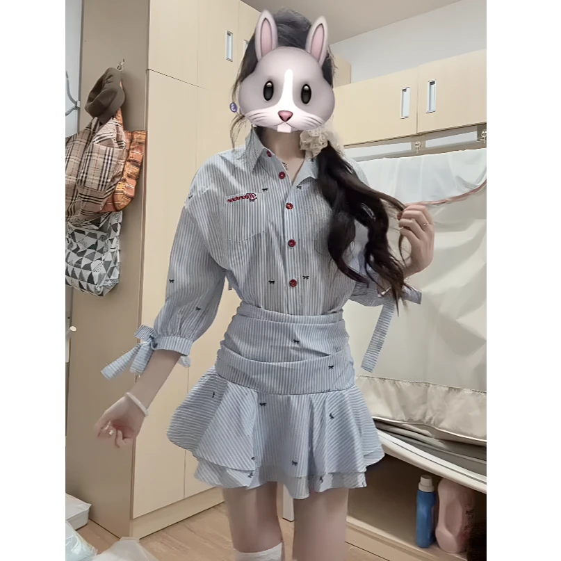 学院风蓝白条纹长袖衬衫裙女春季荷叶边连衣裙收腰百褶短裙小个子