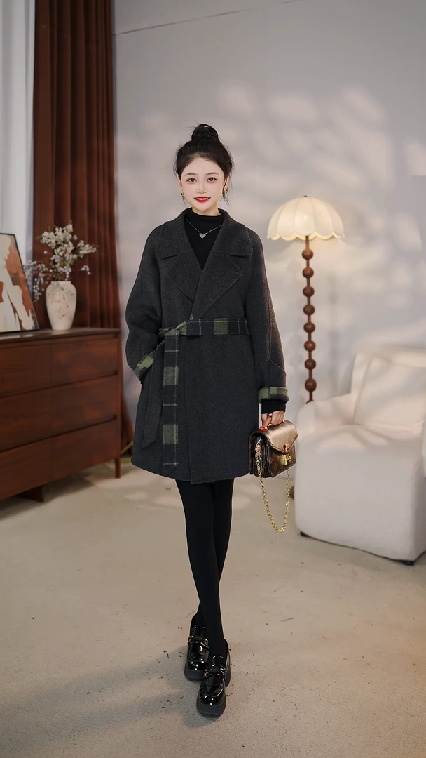 DYD25M1005 双面羊绒大衣毛呢外套女中长款绵羊毛2025秋季新款