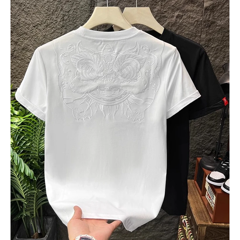 中国风醒狮刺绣短袖t恤男夏季大码300斤宽松ins国潮休闲体恤上衣