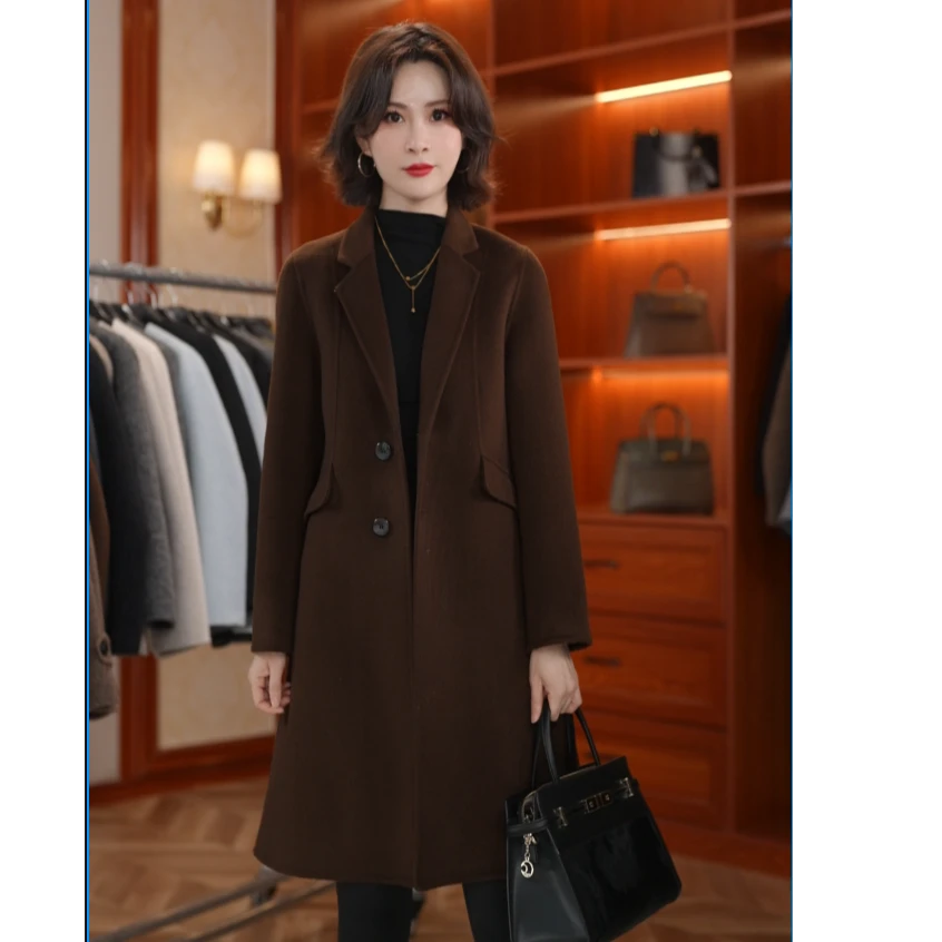 秋冬新款西装领双面羊毛修身显瘦中长款羊毛大衣24098