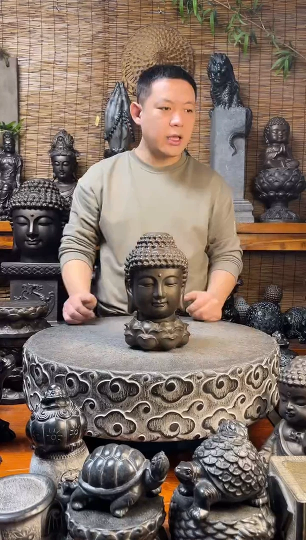 石材20佛头+三层莲花天然青石雕刻