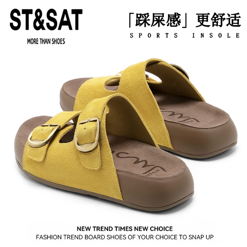 星期六真皮勃肯一字拖女2025夏季新款厚底金属扣凉鞋休闲外穿凉拖