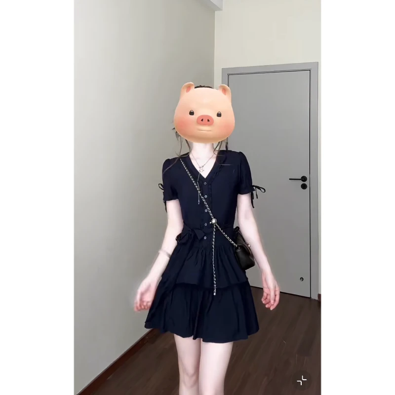 大码【夜海辰砂】法式蕾丝花边v领短袖连衣裙A字裙显瘦高腰裙子女