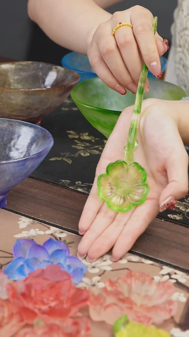 手工艺品琉璃绿色花朵茶匙