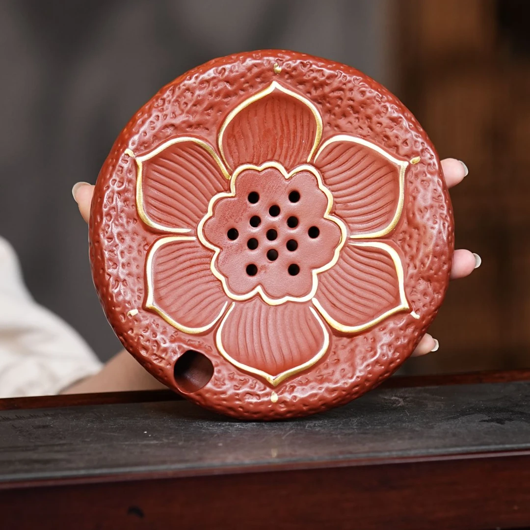 宜兴紫砂朱泥手工制作圆形莲花茶盘壶承  0377