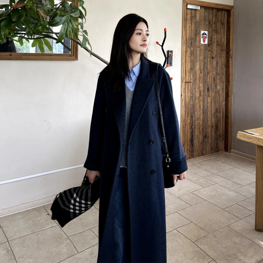 伊迪卡双面羊毛大衣长款韩系时尚百搭女士慵秋冬新款懒风显瘦女装