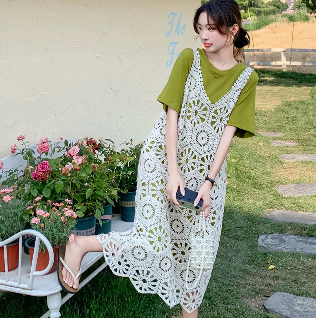 小众设计感蕾丝叠穿温柔气质两件套连衣裙-W296