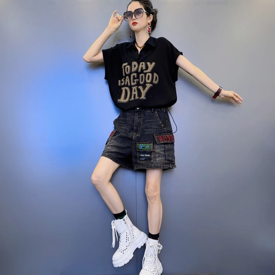 G97-2夏款短袖印花五色系扣翻领上衣-新款带标水洗牛仔短裤