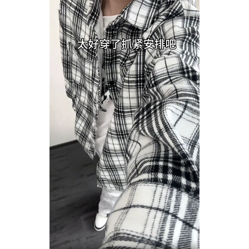 黑白格子长袖衬衫男款秋冬加绒加厚宽松上衣外套衬衣潮流韩版
