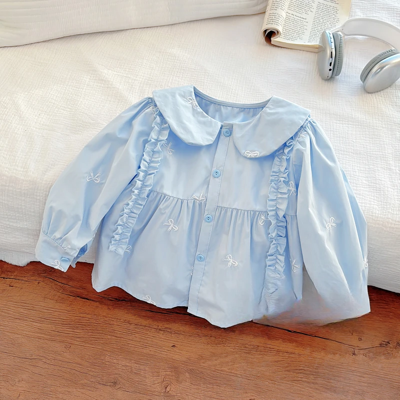 女童长袖棉质娃娃衫木耳边衬衣女宝衬衫甜美法式700