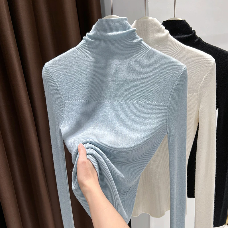 蓝色软糯堆堆领长袖打底衫2025秋冬新款坑条针织设计感毛衣上衣