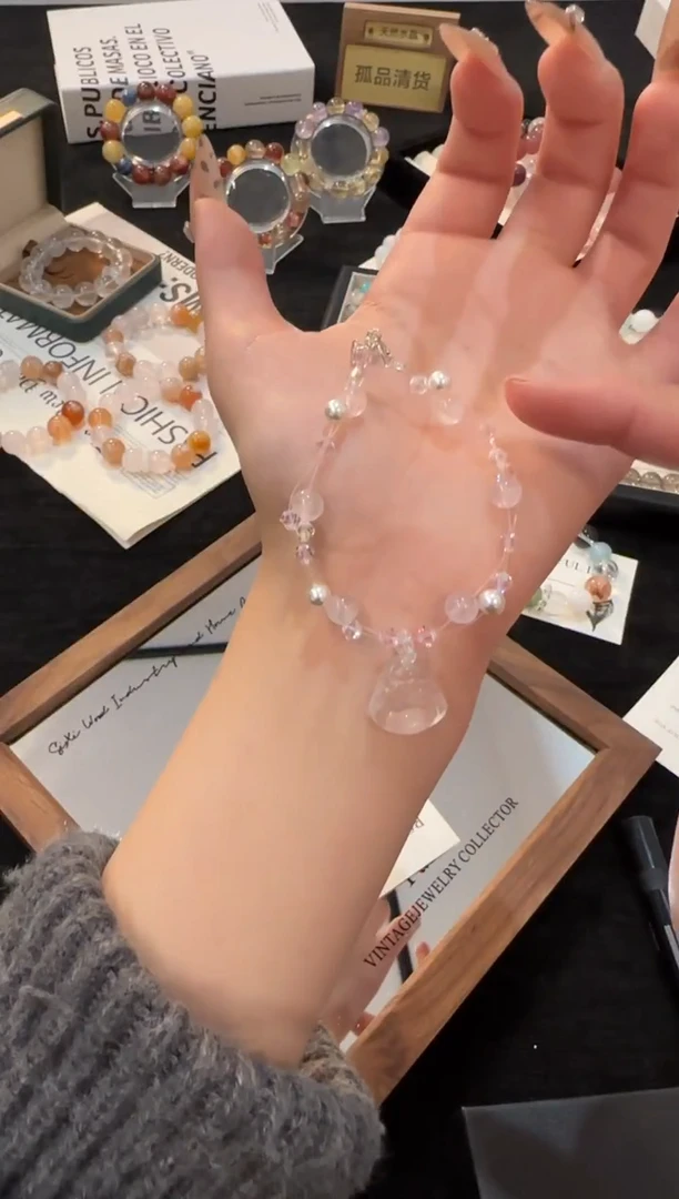 银S925镶嵌手链水晶粉水晶佛公x2435