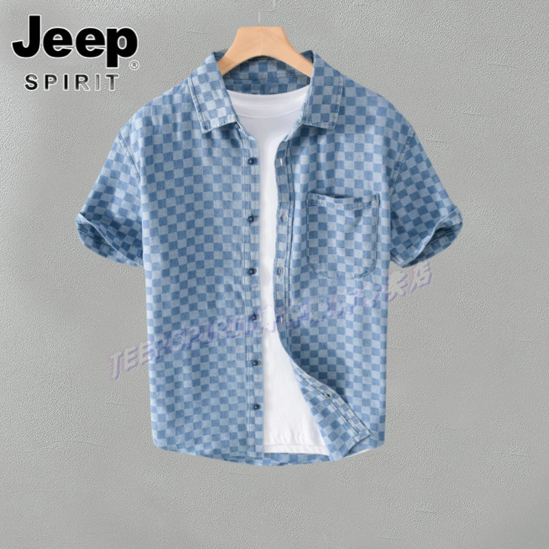 Jeep吉普棋盘格色织牛仔衬衫男夏季薄款日系外套复古休闲短袖衬衣