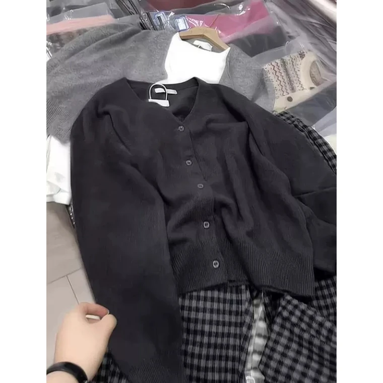3084【巨好看黑灰开衫】秋冬新款针织衫宽松外穿女士慵懒毛衣