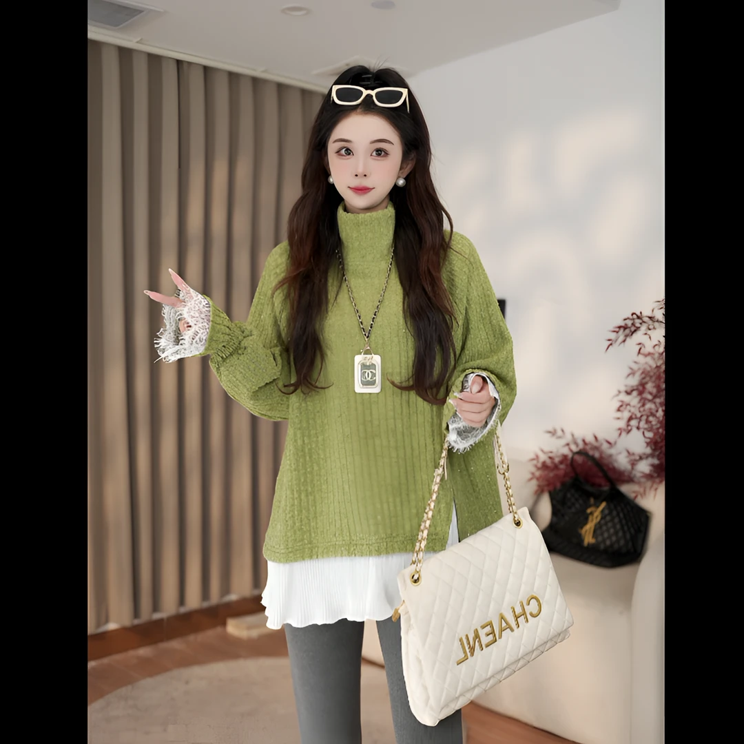 【现货】秋冬新款花边下摆拼接设计感蕾丝袖上衣2412178/2412179